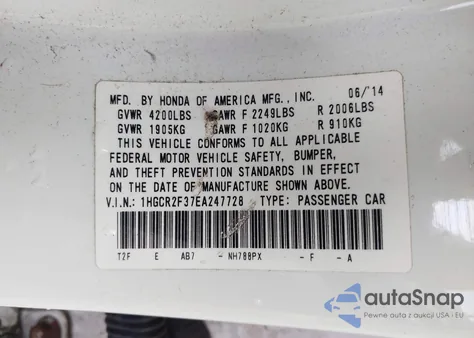 2014 Honda Accord Lx from USA, damaged, VIN 1HGCR2F37EA247728